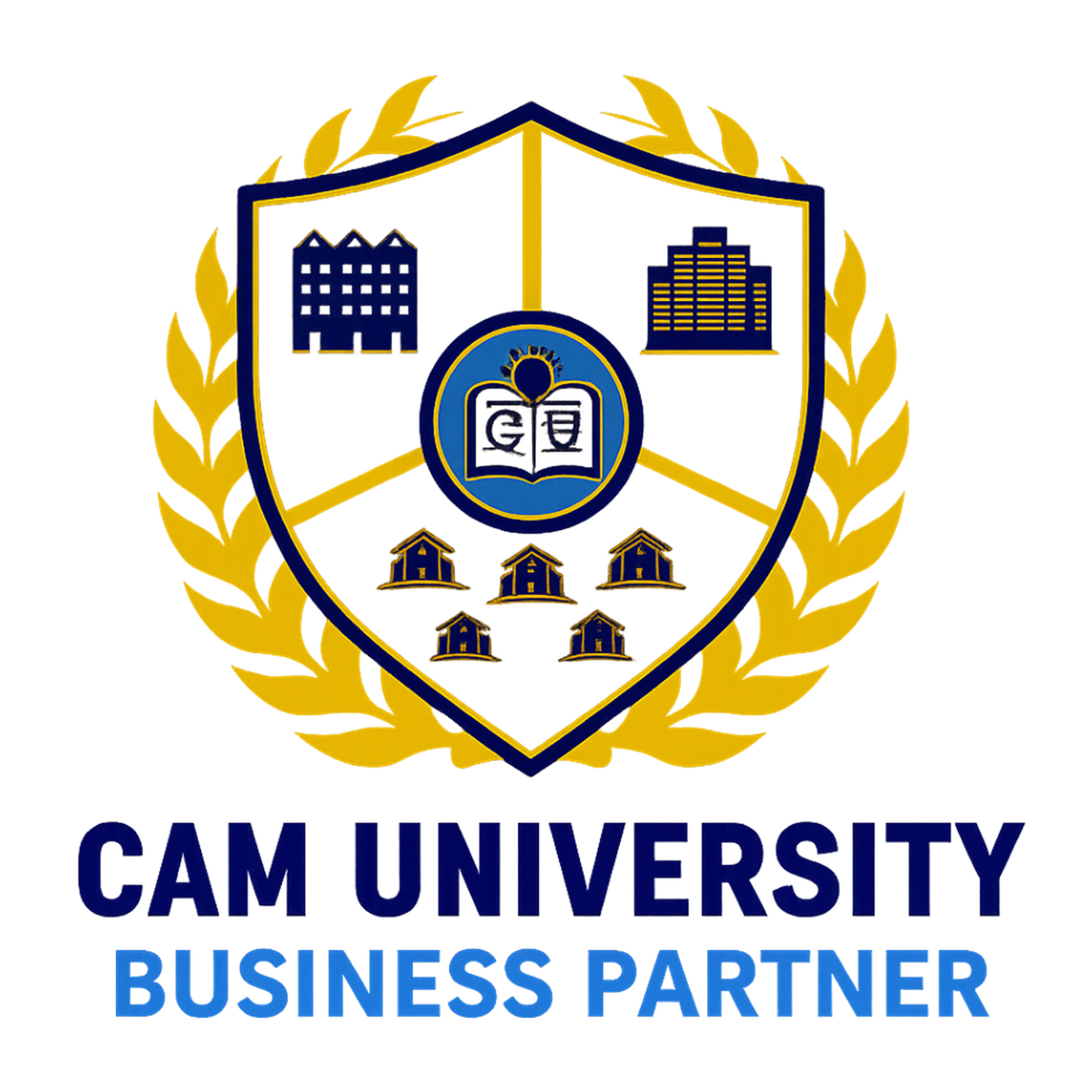 CAM University Business Partner Logo. Shield that looks like a crest with different building types within it.
