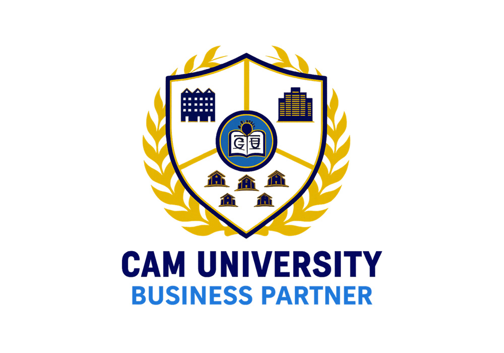 CAM University Business Partner Logo. Shield that looks like a crest with different building types within it.